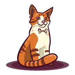 Cute red cat with bone collar in cartoon style. Vector illustration on white background.