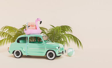 Retro car with luggage near palm leaves and beach ball
