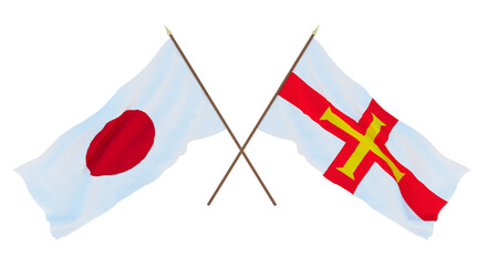 Background for designers, illustrators. National Independence Day. Flags Japan and Bailiwick of Guernsey