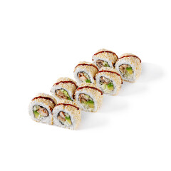 Rolls with eel, avocado, Philadelphia cheese, sesame seeds, sauce