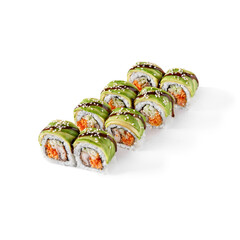 Rolls with eel, sesame seeds, avocado, tobiko caviar, cucumbers