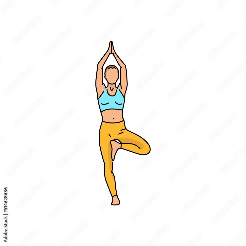 Poster tree pose vrikshasana color line illustration. pictogram for web page