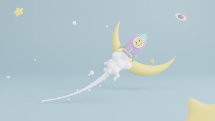 Obraz na płótnie Canvas Business startup project, 3D Rocket launch on blue background, Flying rocket icon and crescent moon, NFT profit to the moon, 3D rendering illustration concept