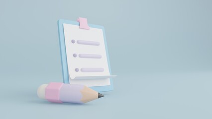 Pencil icon and paper clipboard, Check list with pencil, Fast work on project plan, Paper checklist, Checkmark paper on pastel blue background, 3D rendering illustration concept