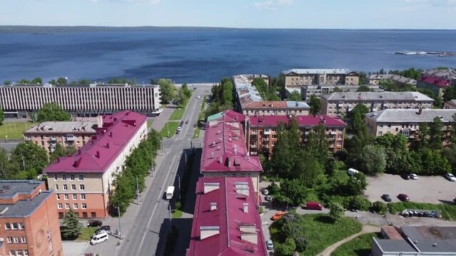 Petrozavodsk is the capital of the Republic of Karelia in Russia. Embankment of Lake Onega and Lenin Avenue on a sunny, summer day