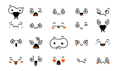 Various Cartoon Emoticons Set. Doodle faces, eyes and mouth. Caricature comic expressive emotions, smiling, crying and surprised character face expressions