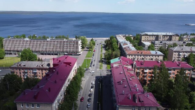 Petrozavodsk is the capital of the Republic of Karelia in Russia. Embankment of Lake Onega and Lenin Avenue on a sunny, summer day