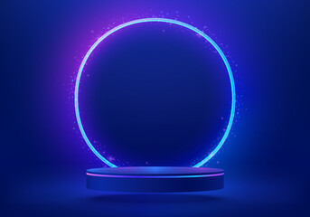 Abstract blue cylinder pedestal podium. Sci-fi blue abstract room with glowing circle ring neon lamp lighting. Vector rendering 3d shape, Product display mockup. Futuristic scene. Stage for showcase.