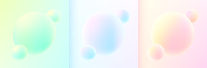 Set of abstract 3D liquid fluid blue, pink, green and yellow color background. Creative minimal sphere balls or bubble trendy colorful gradient design for cover brochure, flyer, poster, banner web.