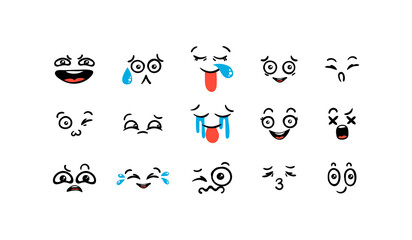 Various Cartoon Emoticons Set. Doodle faces, eyes and mouth. Caricature comic expressive emotions, smiling, crying and surprised character face expressions