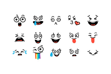 Various Cartoon Emoticons Set. Doodle faces, eyes and mouth. Caricature comic expressive emotions, smiling, crying and surprised character face expressions