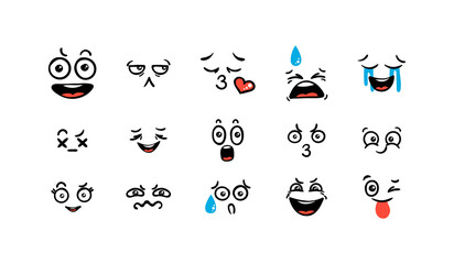 Various Cartoon Emoticons Set. Doodle faces, eyes and mouth. Caricature comic expressive emotions, smiling, crying and surprised character face expressions