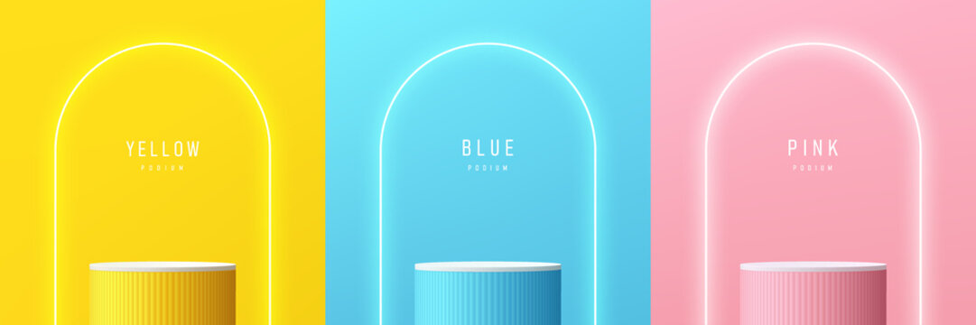 Set of yellow, blue, pink, white realistic 3d cylinder stand podium with glowing neon in arch shape. Abstract vector rendering geometric forms. Minimal scene. Stage showcase, Mockup product display.