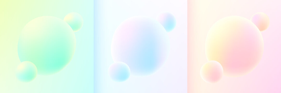 Set of abstract 3D liquid fluid blue, pink, green and yellow color background. Creative minimal sphere balls or bubble trendy colorful gradient design for cover brochure, flyer, poster, banner web.
