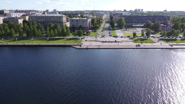 Petrozavodsk is the capital of the Republic of Karelia in Russia. Embankment of Lake Onega and Lenin Avenue on a sunny, summer day