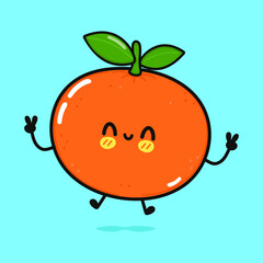 Cute funny jumping mandarin. Vector hand drawn cartoon kawaii character illustration icon. Isolated on blue background. Mandarin concept