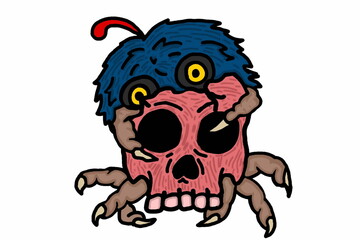 scary monster behind a human skull illustration 
