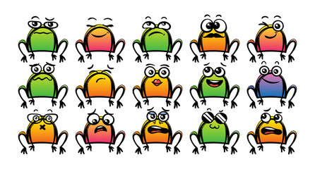 Various Cartoon Toads Set. Doodle faces, eyes and mouth. Caricature comic expressive emotions, smiling, crying and surprised character face expressions