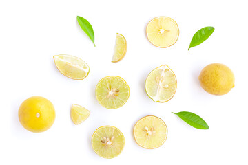 Lemon fruit and Lemon slices with green leaves on white background