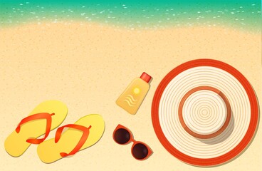 Fototapeta na wymiar beach or summer hat, fip flops , sunscreen, sunglasses at the sea