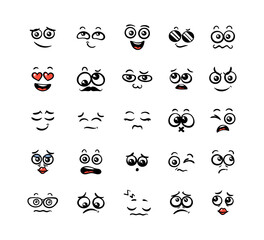 Various Cartoon Emoticons Set. Doodle faces, eyes and mouth. Caricature comic expressive emotions, smiling, crying and surprised character face expressions