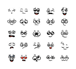 Fototapeta premium Various Cartoon Emoticons Set. Doodle faces, eyes and mouth. Caricature comic expressive emotions, smiling, crying and surprised character face expressions