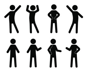 Vector man shows various signs.Man standing set stick figure man. Vector illustration, pictograms of various human poses on white