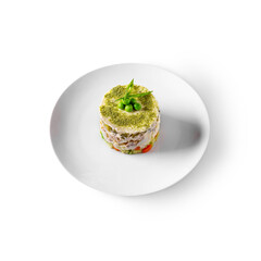 Cake with peas mayonnaise, tomatoes, lettuce, corn