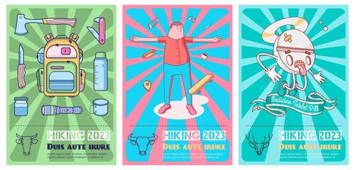 posters with medical pill, doodle man and hiking backpack
