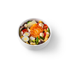 Salad with salmon, eggs, cheese, tomatoes, lettuce, croutons