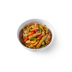Spaghetti with corn, pork steaks, mushrooms, onions, sesame seeds