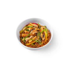 Rice spaghetti with corn, squid rings, mushrooms, onions, sesame seeds