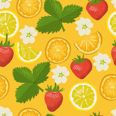 Strawberry with leaf and flower, sliced orange, lemon seamless pattern. Berry, fruit vector print for wrapping paper, textile, fabric, material, wallpaper