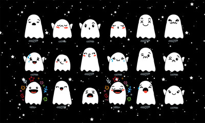 Set of Various Cartoon Ghosts with Emoticons. Doodle ghouls, eyes and mouth. Caricature comic expressive emotions, smiling, crying and surprised character face expressions