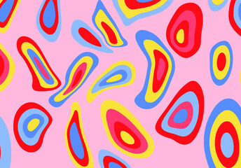 Psychedelic groovy background with colorful melting blobs and circles in retro 60s hippie art style.