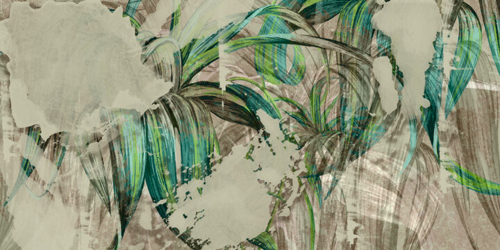 art painted tropical leaves on texture background watercolor blots photo wallpaper © Виктория Лысенко