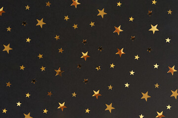 Festive golden stars on black decorating paper background. Backdrop for postcards or banners. New year 2023 decoration packaging. Merry xmas or birthday concept