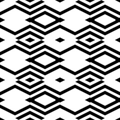Repeated white rhombuses and zigzag lines on black background. Ethnic wallpaper. Seamless surface pattern design with diamonds and wavy stripes ornament. Digital paper for textile print. Vector art.