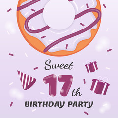 Seventeen years old birthday invitation with delicious donut