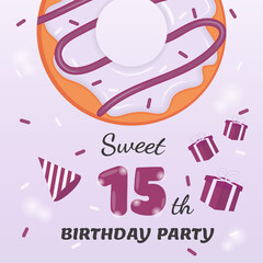 Obraz premium Fifteen years old birthday invitation with delicious donut