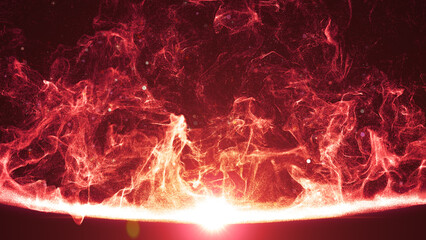 Red dust particles with light burst elegant abstract background.