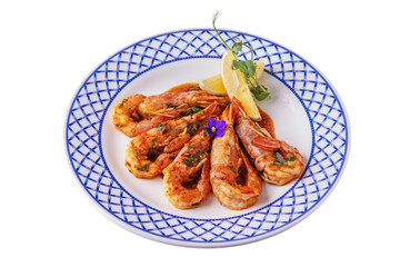 Fried shrimps with sauce, lemon