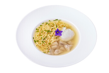 Broth with spaghetti, mozzarella