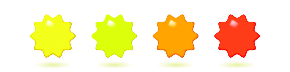 Set of 3d sun icons in different colors. Cartoon sun icons