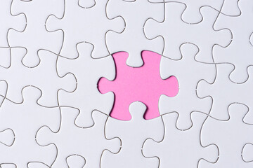 Piece of jigsaw puzzle on pink paper. Flat lay, Directly above.