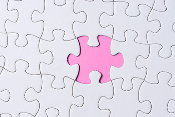 Obraz premium Piece of jigsaw puzzle on pink paper. Flat lay, Directly above.