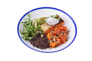 Fried salmon steak with arugula, chia