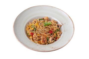 Spaghetti with shrimps, sesame seeds, mushrooms