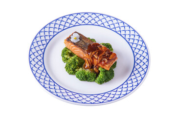 Grilled salmon steak with sauce, mushrooms
