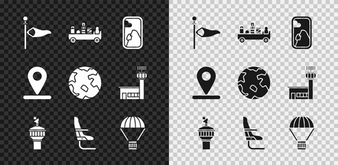 Set Cone meteorology windsock wind vane, Airport luggage towing truck, Airplane window, Radar, seat, Box flying parachute, Location and Worldwide icon. Vector - obrazy, fototapety, plakaty